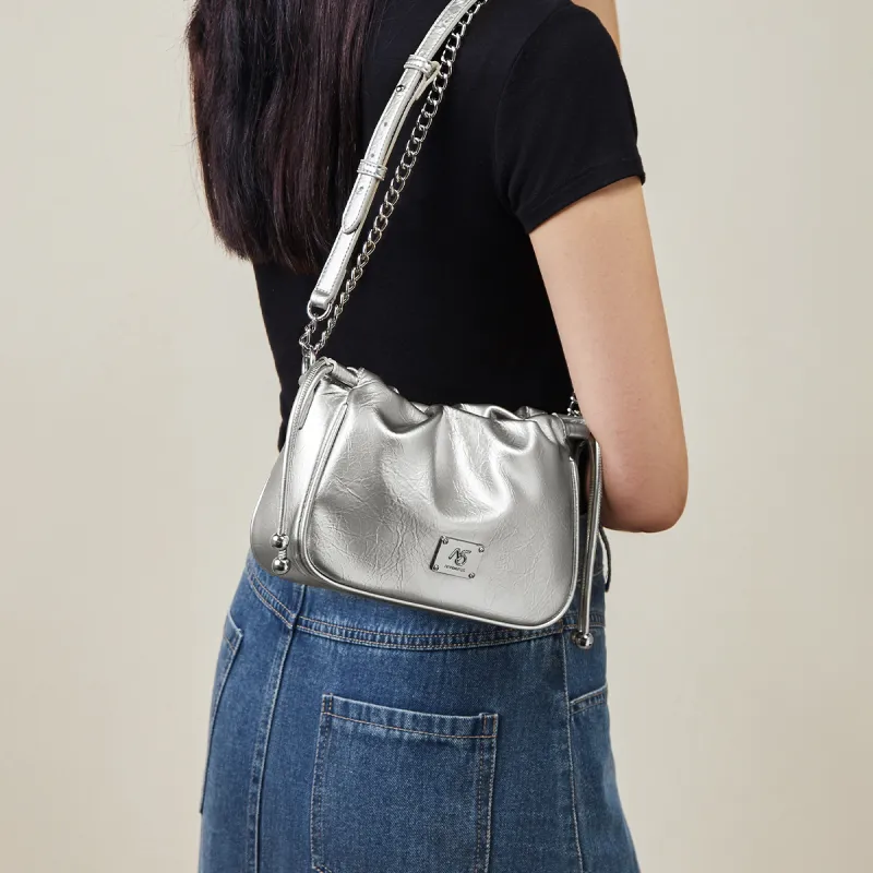 15 MINS Synthetic Leather Cloud Bag Trumpets Women's Space Silver/Ecru-1