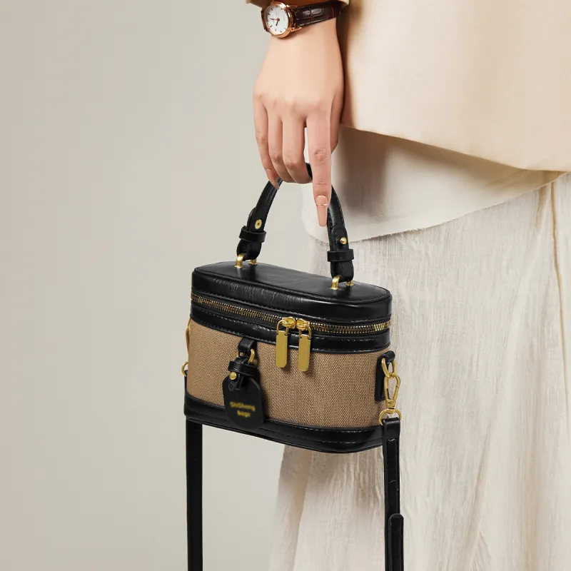 15 MINS Synthetic Leather Box Bag Handbag Crossbody Bag Shoulder Bag Mini Women's Ecru & Coffee/Black/Coffee-7