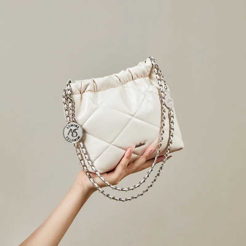15 MINS Synthetic Leather Bucket Bag Chain Shoulder Bag Regular Women's Space Silver/Ecru/Midnight Black-6