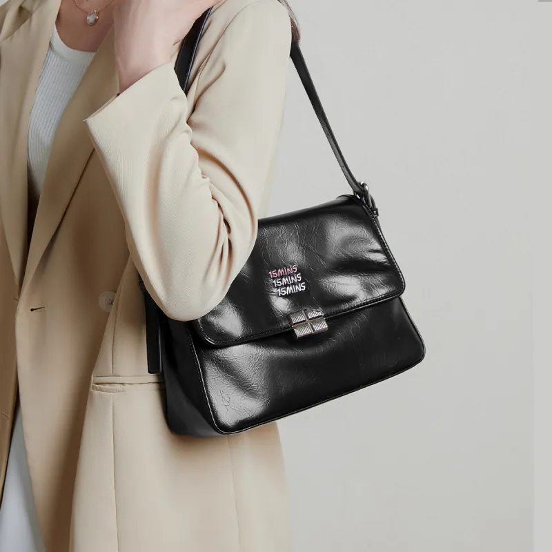 15 MINS Synthetic Leather Tote Bag Elegance Fashion Advanced Feminine Crossbody Bag Shoulder Bag Women's Black-5