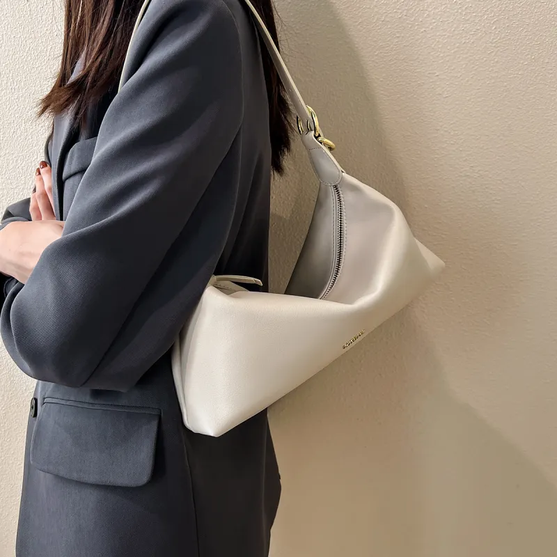 15 MINS Cow Leather Baguette Bag Shoulder Bag Handbag Large Size Women's Black/White-5