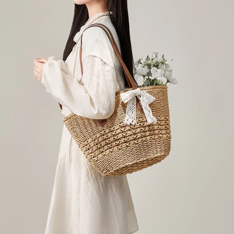 15 MINS Fabric, Synthetic Leather Tote Bag, Shopping Bag, Shoulder Bag Women's Ecru/Khaki-5