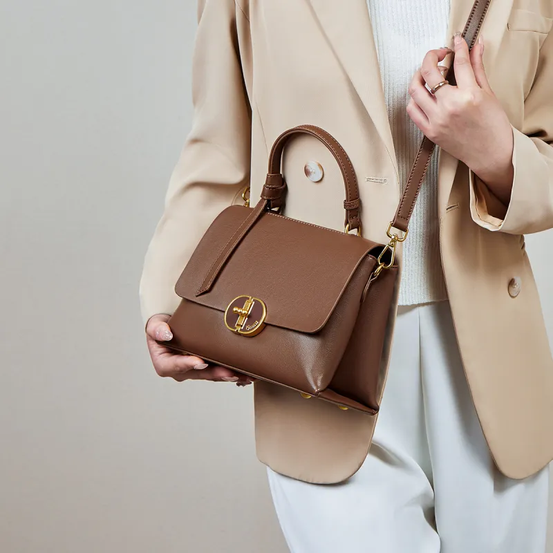 15 MINS Cow Leather Handbag Women's Ecru & Apricot/Coffee-9