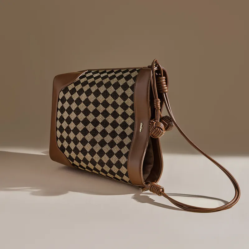 15 MINS Fabric, Synthetic Leather Bucket Bag, Shoulder Bag Large Size Women's Coffee-4