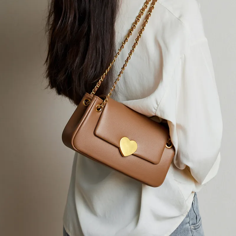 15 MINS Cow Leather Heart Shaped Shoulder Bag Crossbody Bag Small Size Women's Ecru/Midnight Black/Caramel Brown-11