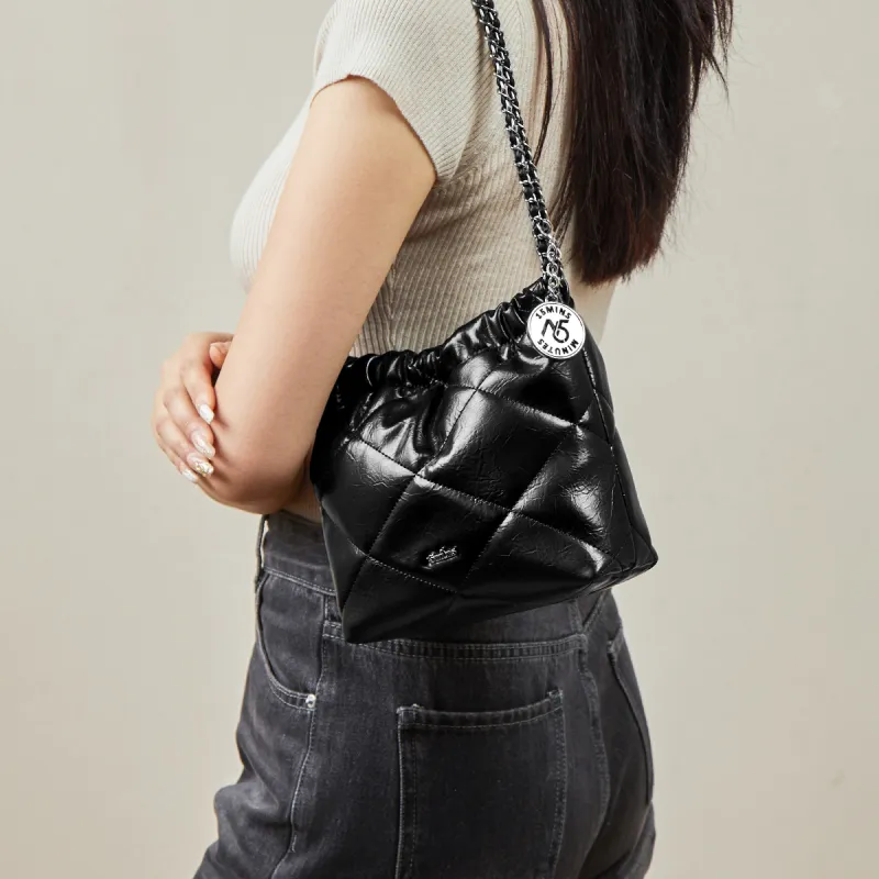 15 MINS Synthetic Leather Bucket Bag Chain Shoulder Bag Regular Women's Space Silver/Ecru/Midnight Black-10
