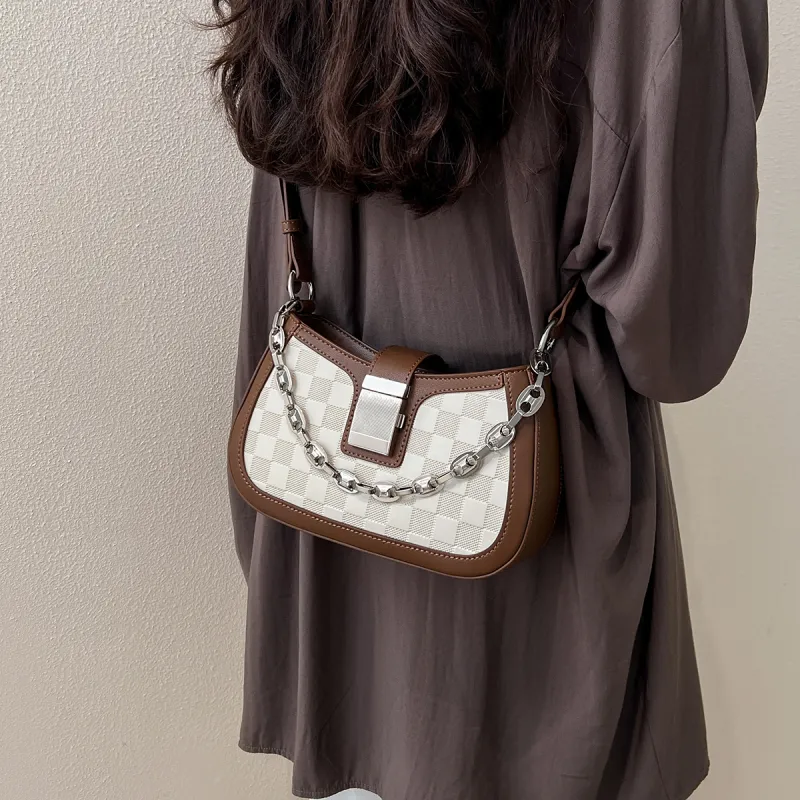 15 MINS Cow Leather Shoulder Bag Medium Size Women's White & Brown/Brown-2
