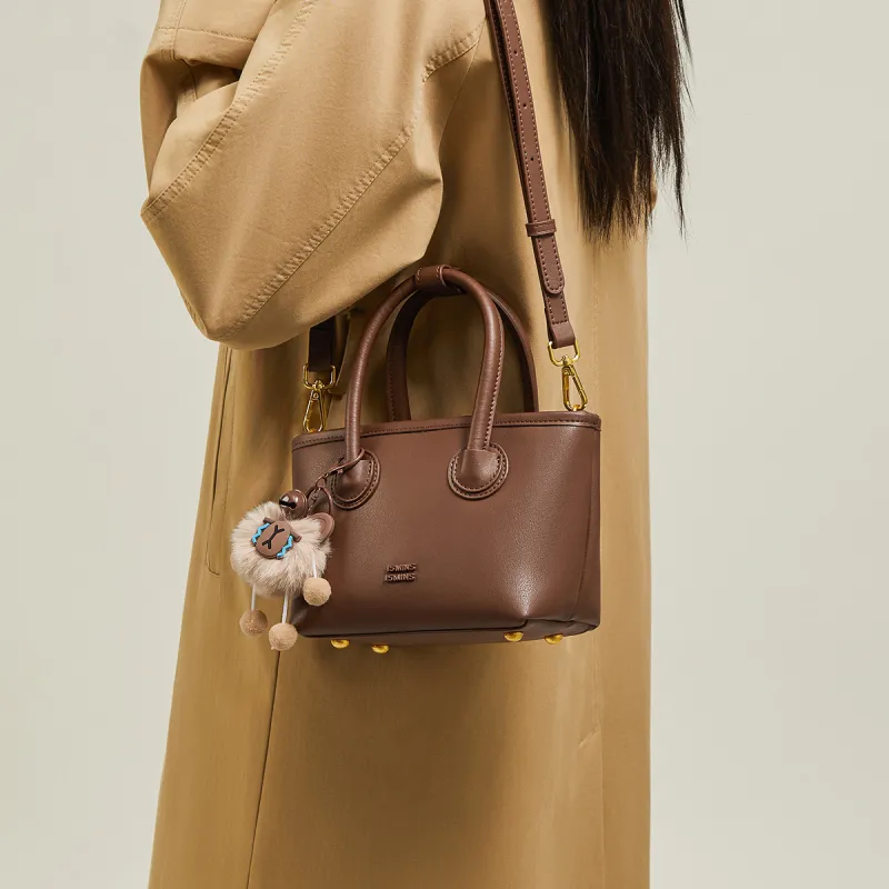 15 MINS Cow Leather Patchwork Synthetic Leather One Shoulder Handbags Women's Ecru & Apricot/Coffee-6