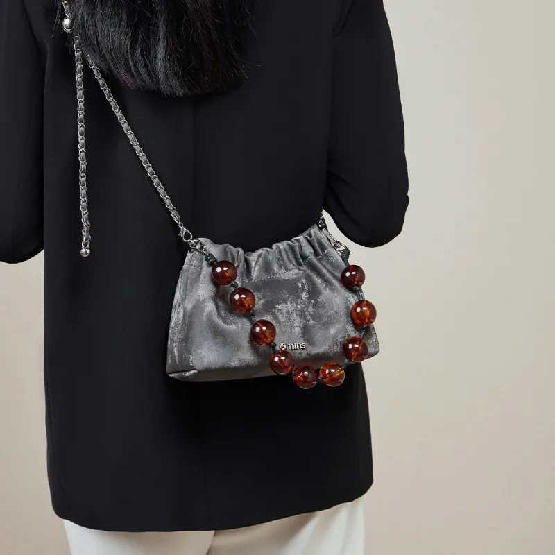 15 MINS Cow Leather Cloud Bag, Shoulder Bag, Crossbody Bag Trumpets Women's Graphite Black/Milkshake White/Olive Green-8