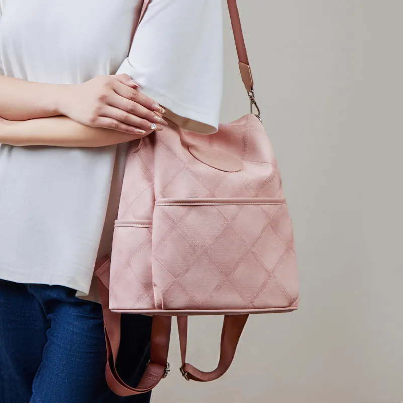 15 MINS Synthetic Leather Backpack Large Size Women's Dusty Pink/Denim Blue-3