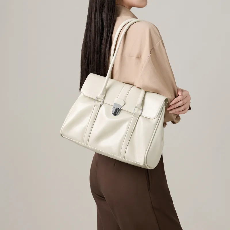 15 MINS Synthetic Leather Shoulder Bag Large Size Women's Brown/White/Black-6