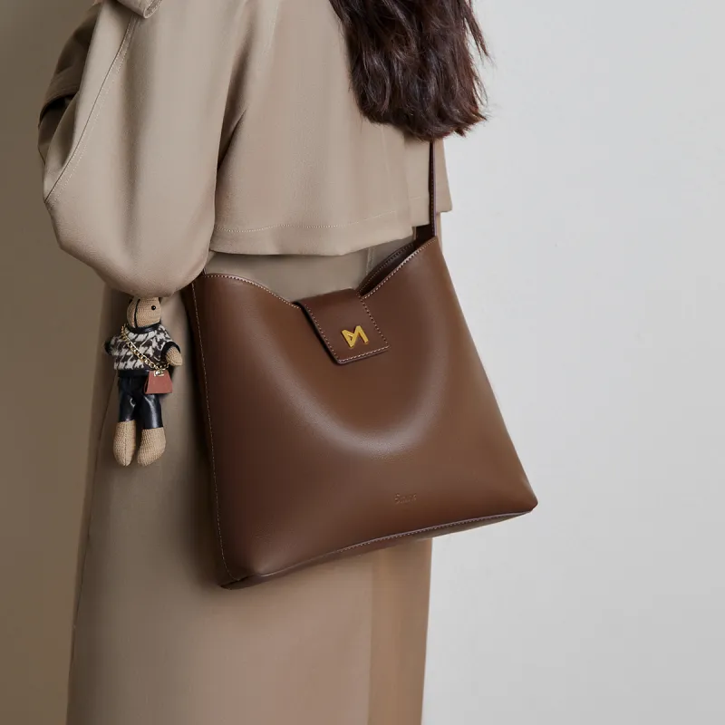 15 MINS Cow Leather Bucket Bags Crossbody Bag, Shoulder Bag Large Size Women's Coffee-4