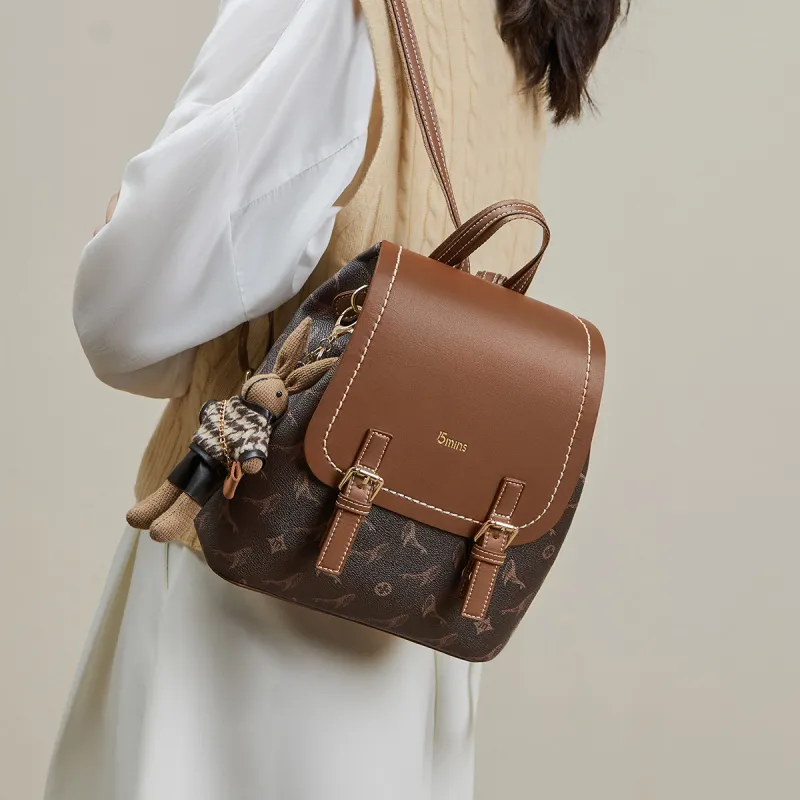 15 MINS PVC Synthetic Leather Monogram Backpack Large Size Women's Coffee-1