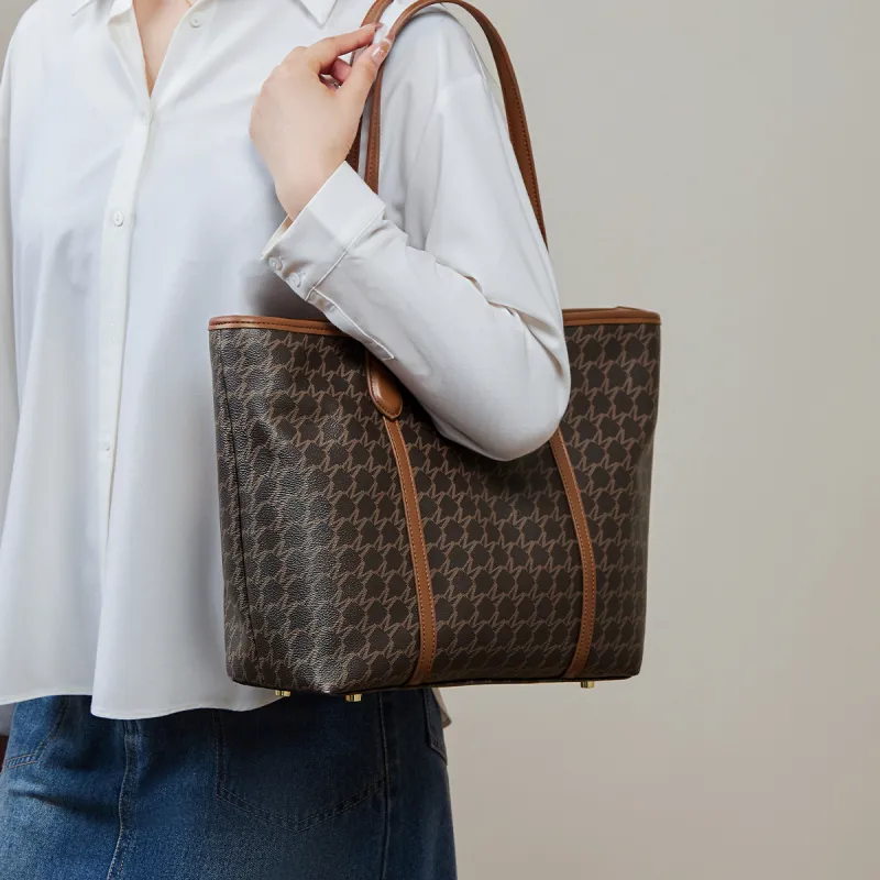 15 MINS PVC Tote Bag, Shopping Bag, One Shoulder Bag Regular Large Size Women's Ecru/Coffee-7
