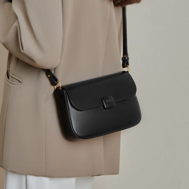 15 MINS Cow Leather Shoulder Bag, Crossbody Bag, Tofu Bag Women's Midnight Black/Coffee/Ecru-6