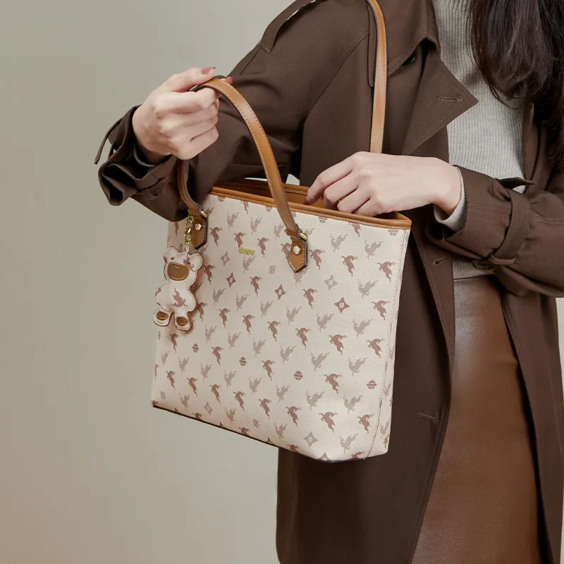15 MINS PVC Shopping Bag Shoulder Bag Large Size Women's Coffee/Ecru & Brown-2
