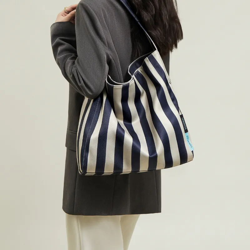 15 MINS Synthetic Leather Tote Shopping Bag Tote Bag Shoulder Bag Women's Blue White Stripes-3