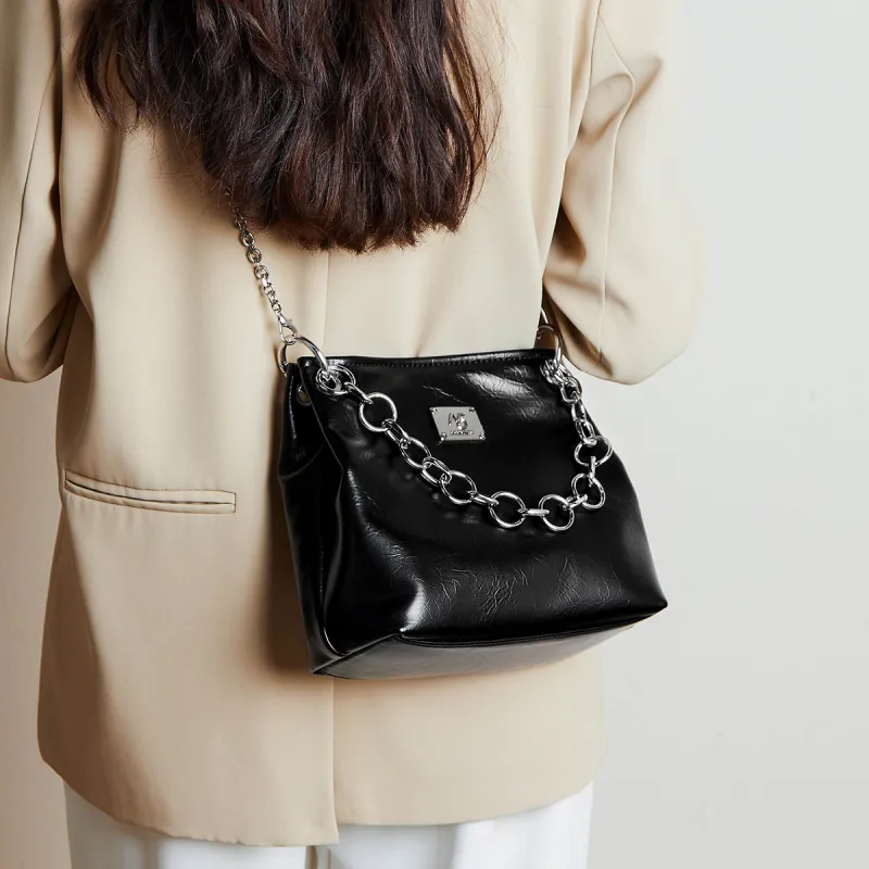 15 MINS Cow Leather Handbag Shoulder Bag Crossbody Bag Small Size Women's Midnight Black/Silver-3