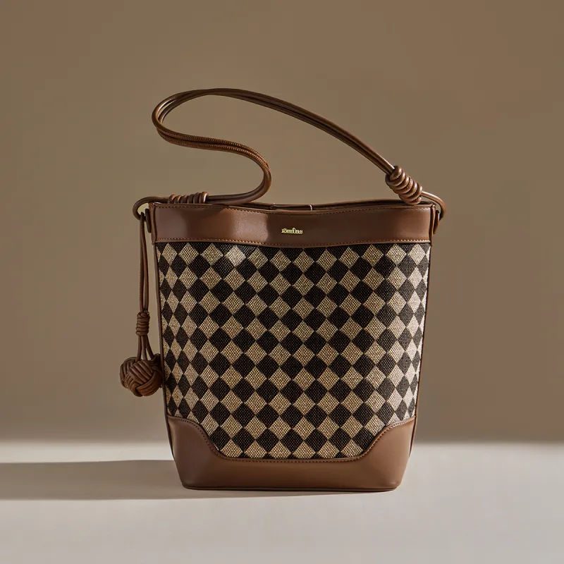 15 MINS Fabric, Synthetic Leather Bucket Bag, Shoulder Bag Large Size Women's Coffee-5