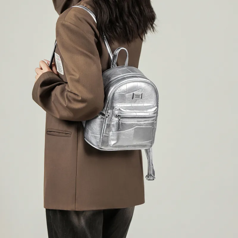 15 MINS Synthetic Leather Laptop Bag Backpack Medium Size Women's Silver/Brown/Black-2
