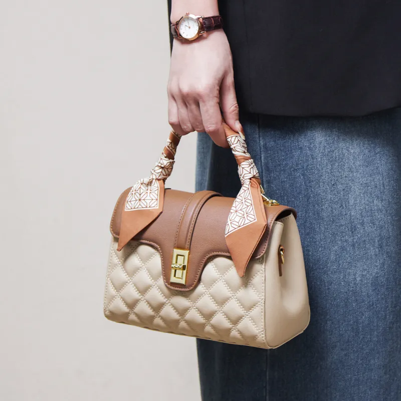 15 MINS Cow Leather With Synthetic Leather Handbag, Shoulder Bag, Crossbody Bag Regular Women's Cream Apricot & Brown-3