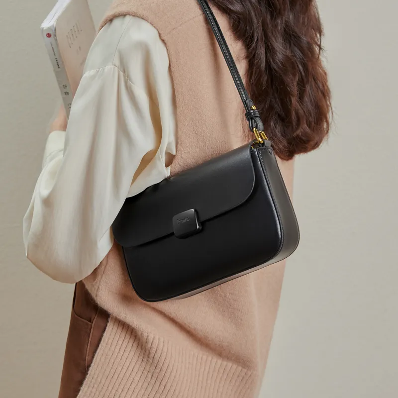 15 MINS Cow Leather Shoulder Bag, Crossbody Bag, Tofu Bag Women's Midnight Black/Coffee/Ecru-8