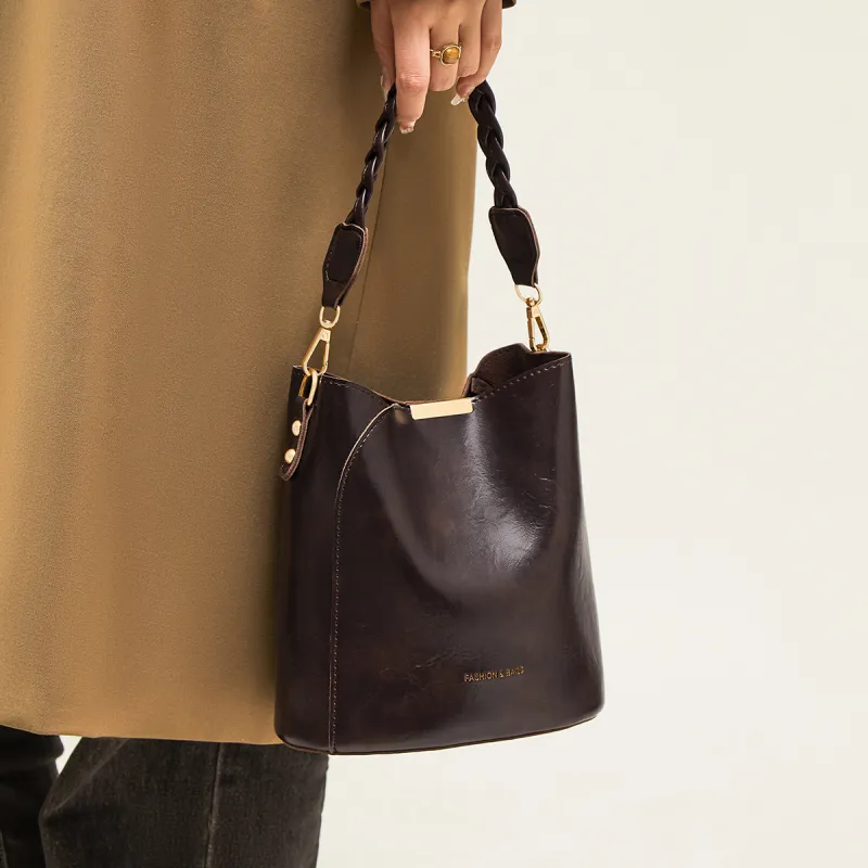 15 MINS Synthetic Leather Bucket Bag, Shoulder Bag, Crossbody Bag Regular Women's Coffee/Black-4