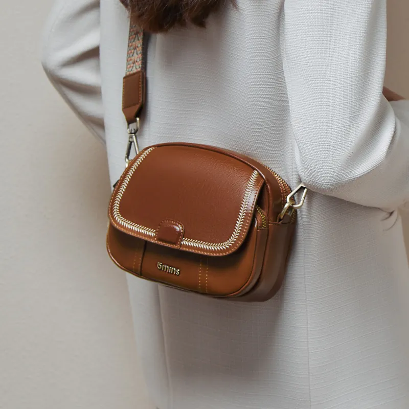 15 MINS Cow Leather With Synthetic Leather Small Round Bag, Crossbody Bag, Shoulder Bag Women's Night Black-9