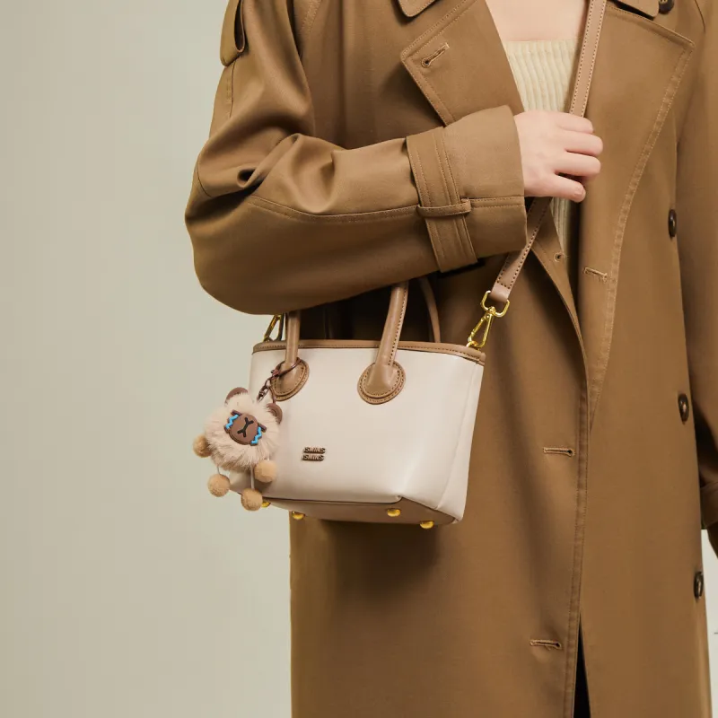 15 MINS Cow Leather Patchwork Synthetic Leather One Shoulder Handbags Women's Ecru & Apricot/Coffee-3