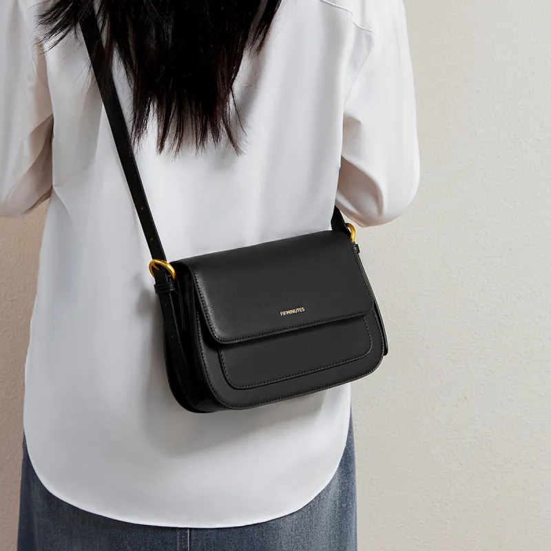 15 MINS Cow Leather Patchwork Synthetic Leather Crossbody Bag Women's Ecru/Midnight Black/Caramel Brown-8