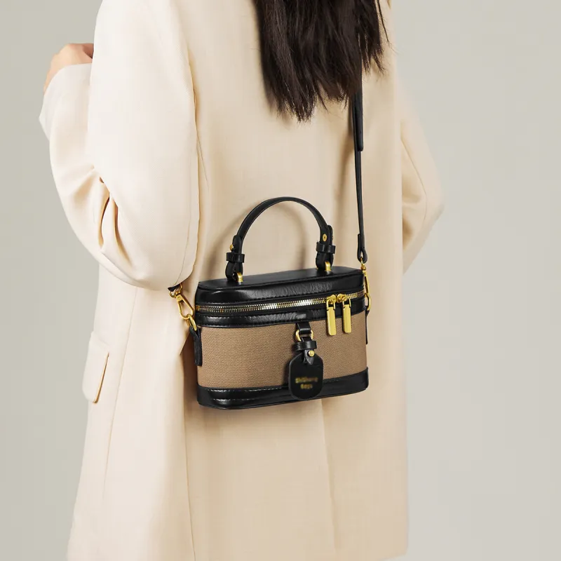 15 MINS Synthetic Leather Box Bag Handbag Crossbody Bag Shoulder Bag Mini Women's Ecru & Coffee/Black/Coffee-6