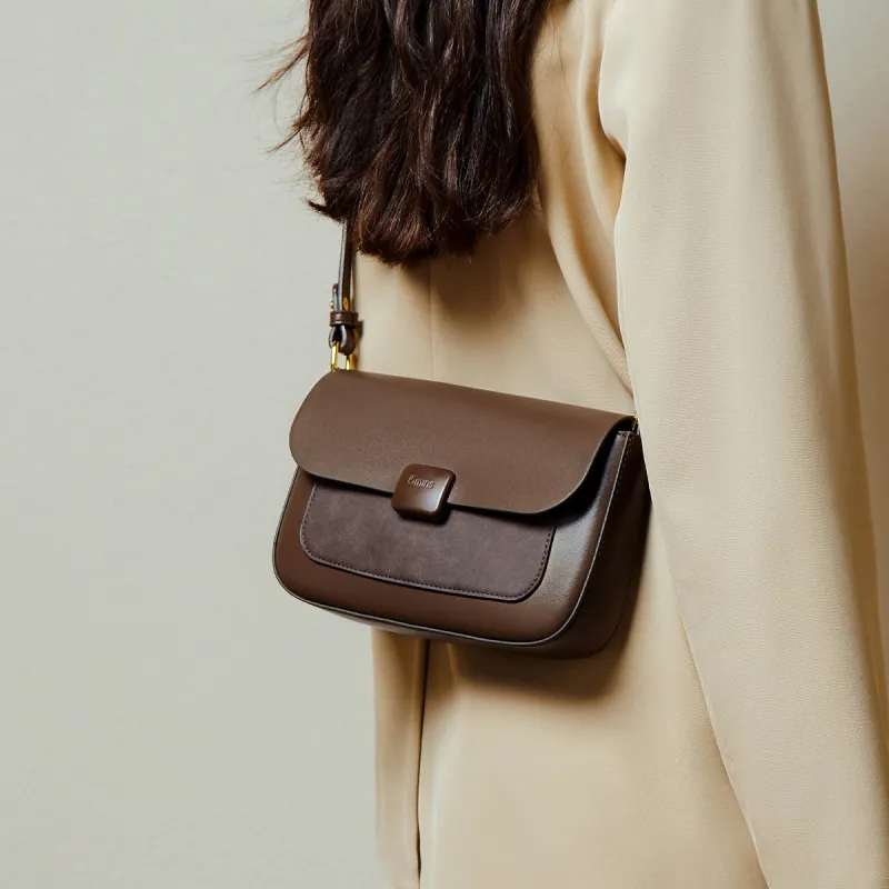 15 MINS Cow Leather Patchwork Synthetic Leather Small Square Bag Shoulder Bag Crossbody Bag Women's Coffee/Ecru-3