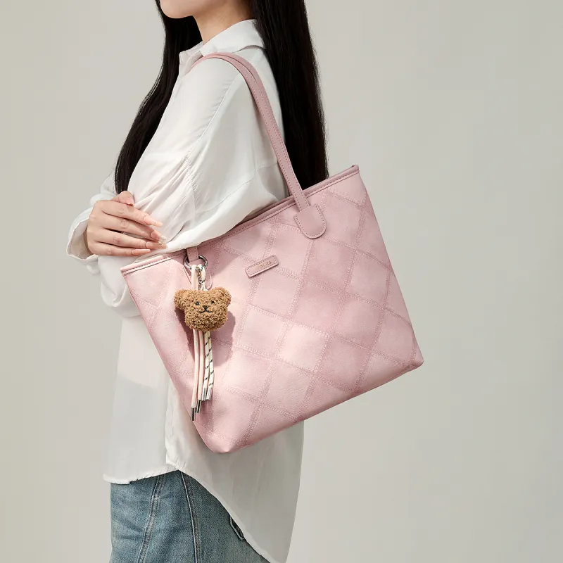 15 MINS Synthetic Leather Tote Bag, Shopping Bag, Shoulder Bag Large Size Women's Pink-1