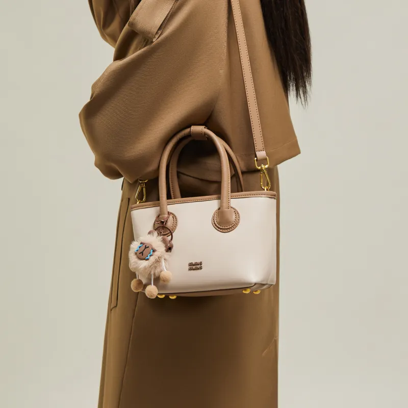 15 MINS Cow Leather Patchwork Synthetic Leather One Shoulder Handbags Women's Ecru & Apricot/Coffee-2