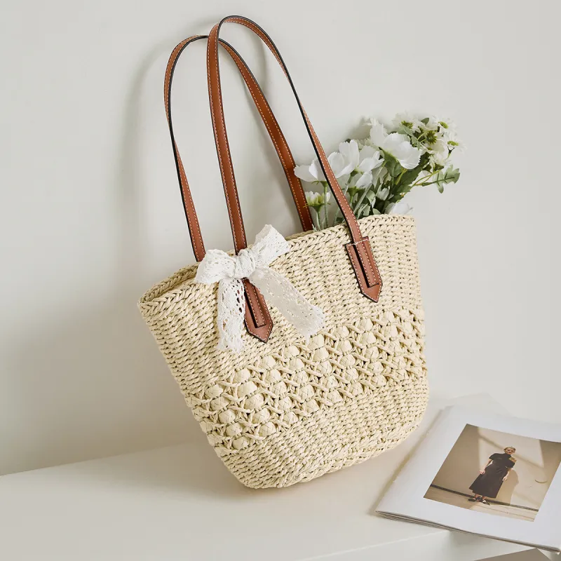 15 MINS Fabric, Synthetic Leather Tote Bag, Shopping Bag, Shoulder Bag Women's Ecru/Khaki-1