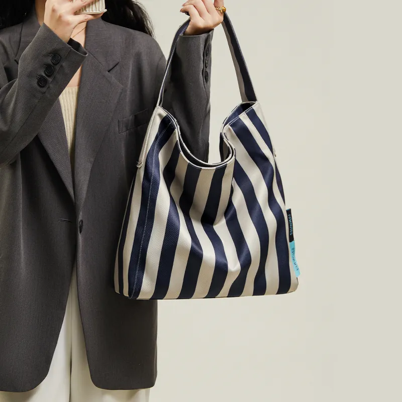 15 MINS Synthetic Leather Tote Shopping Bag Tote Bag Shoulder Bag Women's Blue White Stripes-4