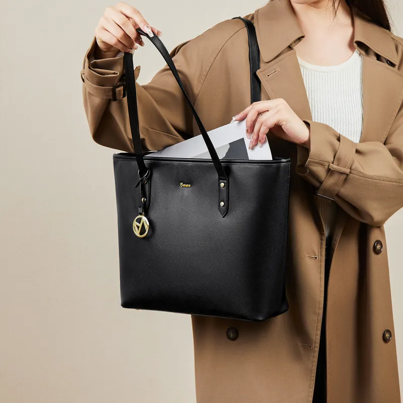 15 MINS Synthetic Leather Tote Bag, Shopping Bag, Handbag, Shoulder Bag Women's Midnight Black-4