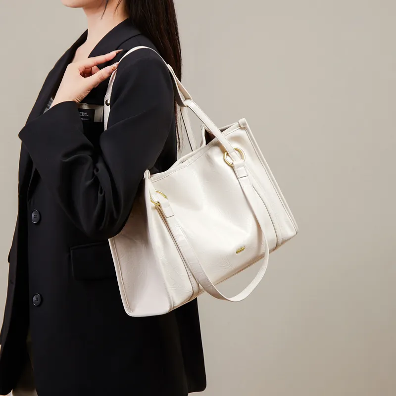 15 MINS Synthetic Leather Tote Bag Shoulder Bag Women's Coffee/Ecru-5