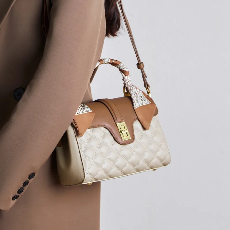 15 MINS Cow Leather With Synthetic Leather Handbag, Shoulder Bag, Crossbody Bag Regular Women's Cream Apricot & Brown-5