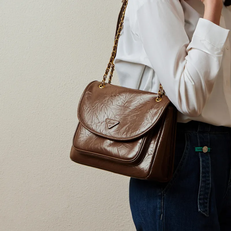 15 MINS Cow Split Leather Synthetic Leather Shoulder Bag Crossbody Bag Large Size Women's Midnight Black/Chestnut Brown-8