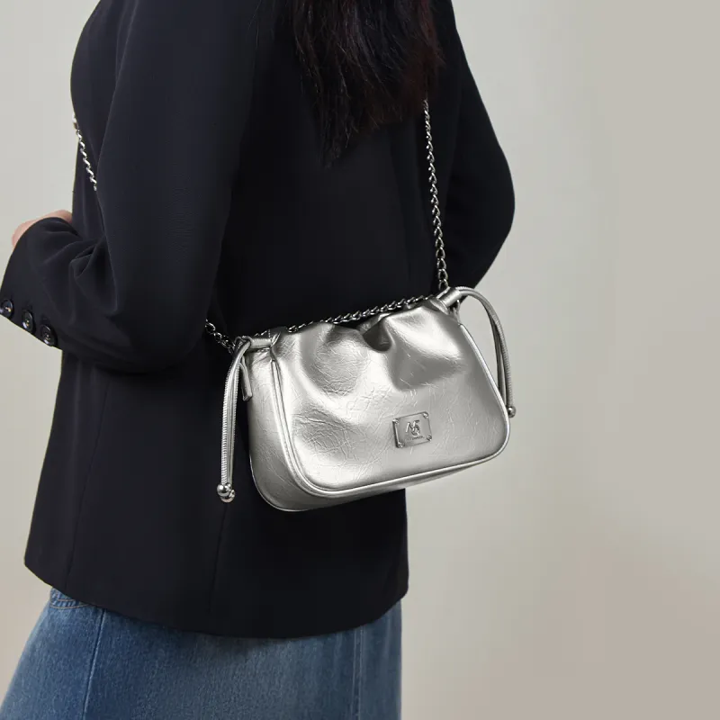 15 MINS Synthetic Leather Cloud Bag Trumpets Women's Space Silver/Ecru-2
