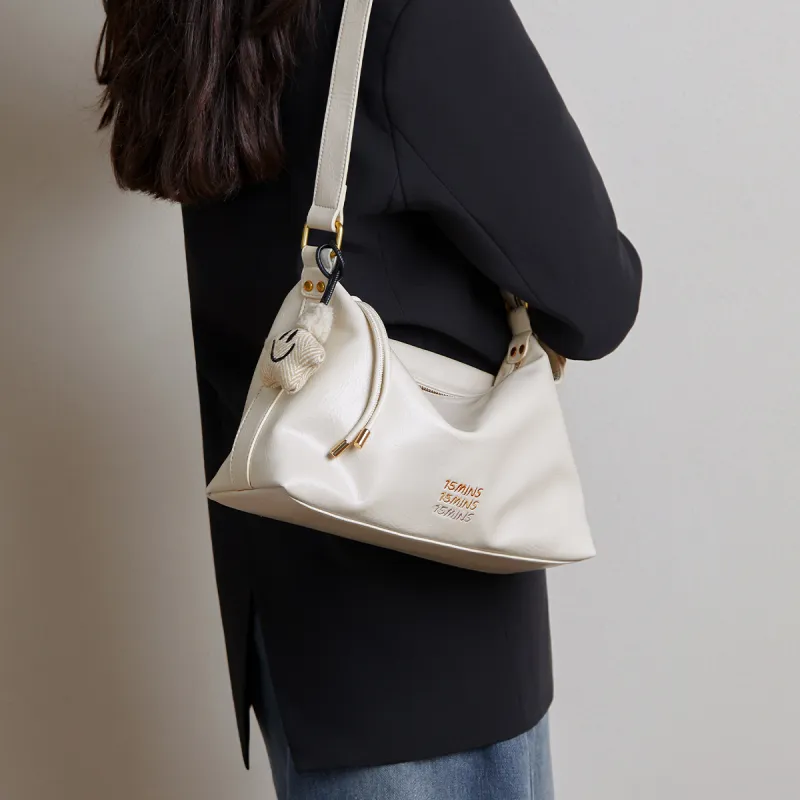 15 MINS Synthetic Leather Shoulder Bag Crossbody Bag Medium Size Women's Macaron Beige/Midnight Black/Ecru-12