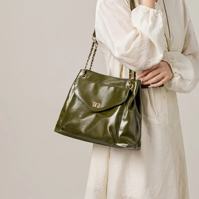 15 MINS Synthetic Leather Shoulder Bag Large Size Women's Green/Black/Brown/Ecru-2
