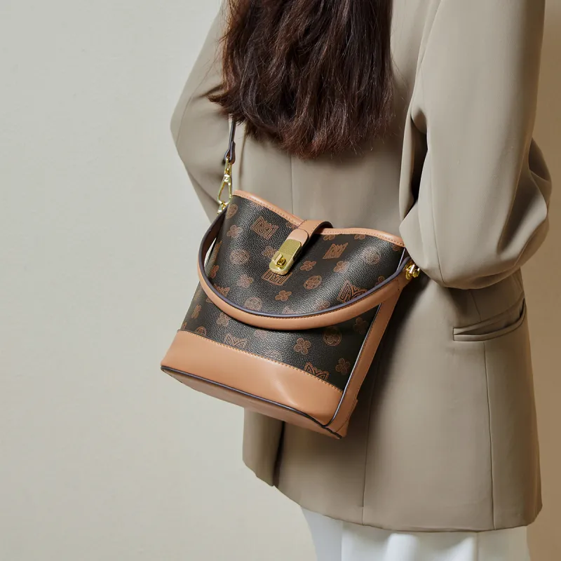 15 MINS Synthetic Leather Mom Bag Shoulder Bag Bucket Bag Crossbody Bag Small Size Women's Coffee-4