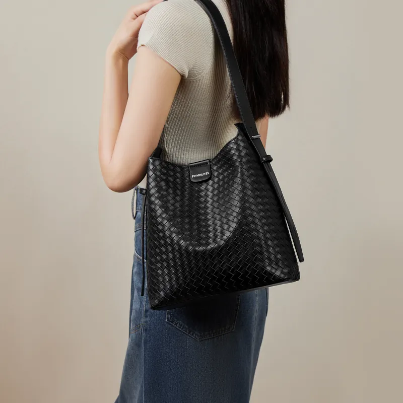 15 MINS Synthetic Leather Bucket Bags Shoulder Bags Large Size Women's Midnight Black-4