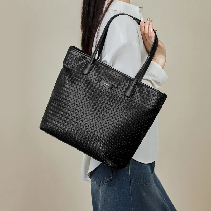 15 MINS Synthetic Leather Shoulder Bag Large Size Women's Midnight Black/Ecru-4
