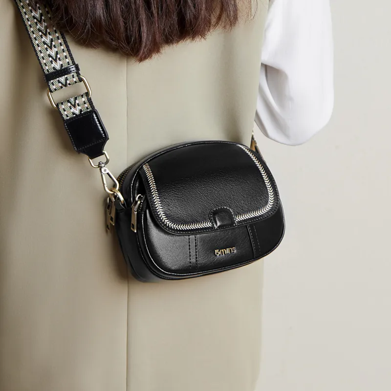 15 MINS Cow Leather With Synthetic Leather Small Round Bag, Crossbody Bag, Shoulder Bag Women's Night Black-1