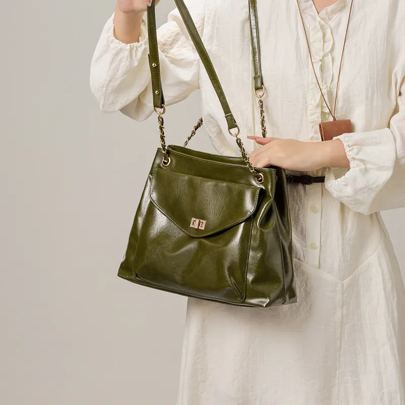 15 MINS Synthetic Leather Shoulder Bag Large Size Women's Green/Black/Brown/Ecru-3