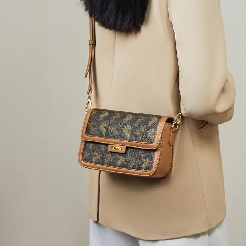 15 MINS PVC With Synthetic Leather Shoulder Bag, Small Square Bag, Crossbody Bag Regular Women's Coffee/Ecru-3
