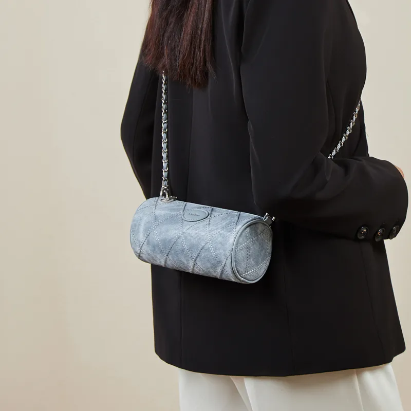 15 MINS Synthetic Leather Cylinder Bag Shoulder Bag Regular Women's Denim Blue/Dusty Pink-2